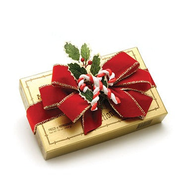 Pecan Toffee in a Velvet Bow Wrapped Gold Box - Candy Cane